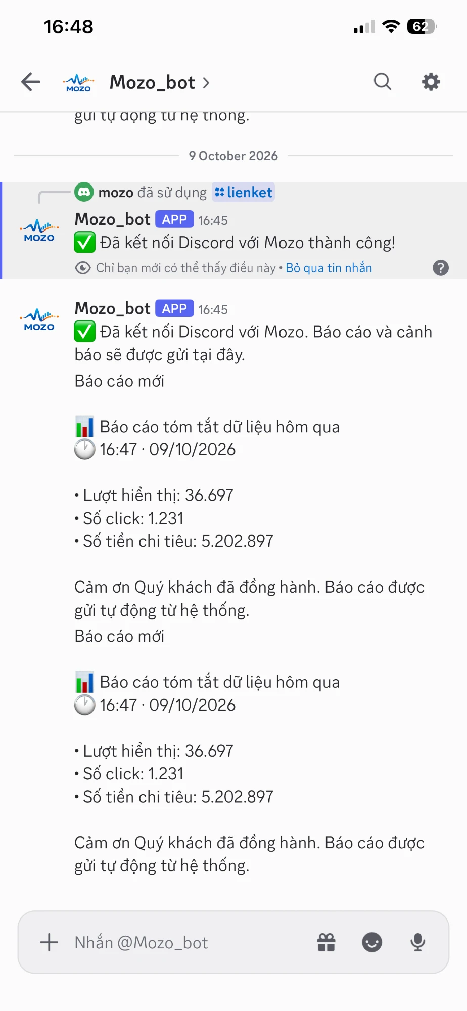 Thông báo Mozo trên Discord