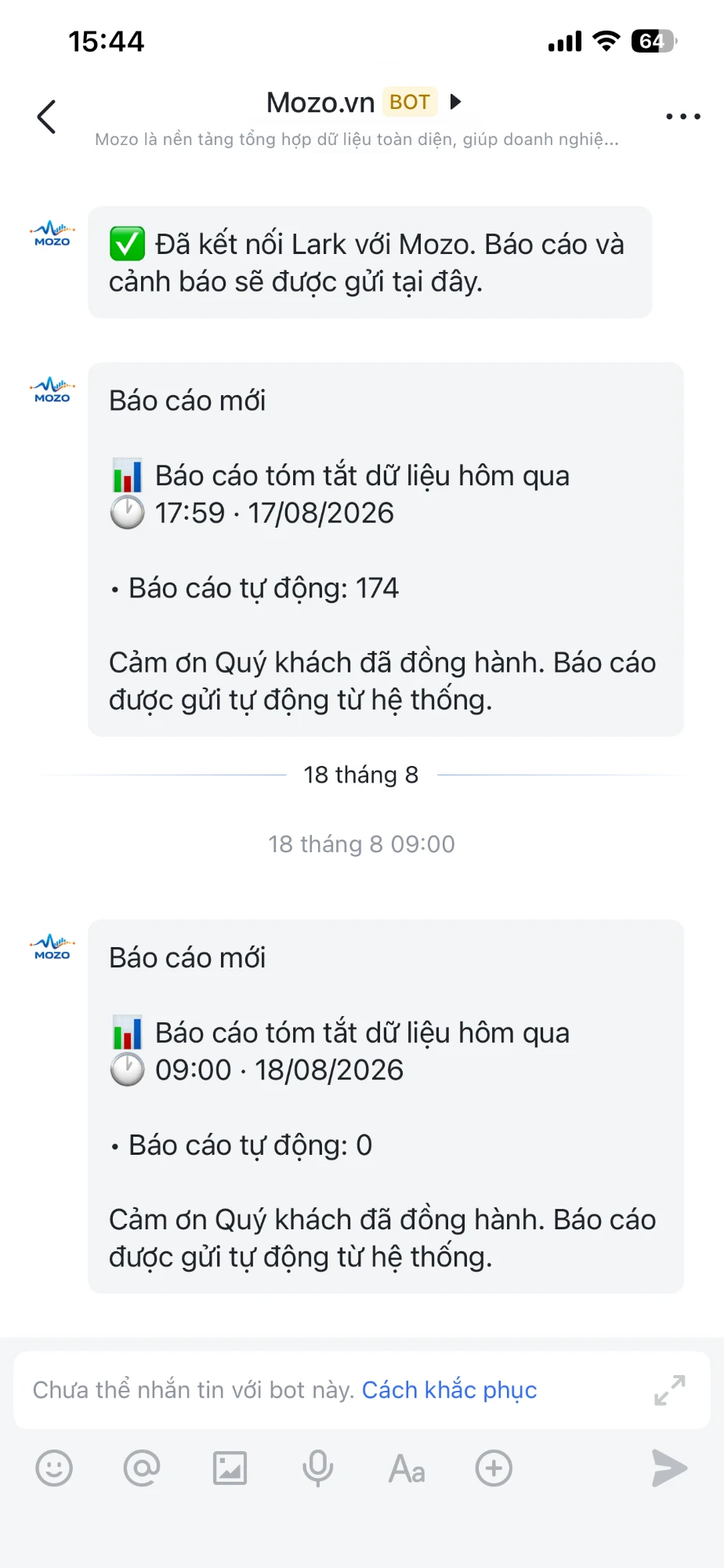 Thông báo Mozo trên Lark