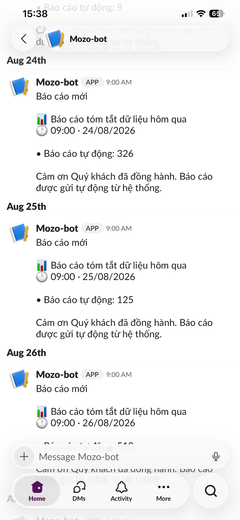 Thông báo Mozo trên Slack