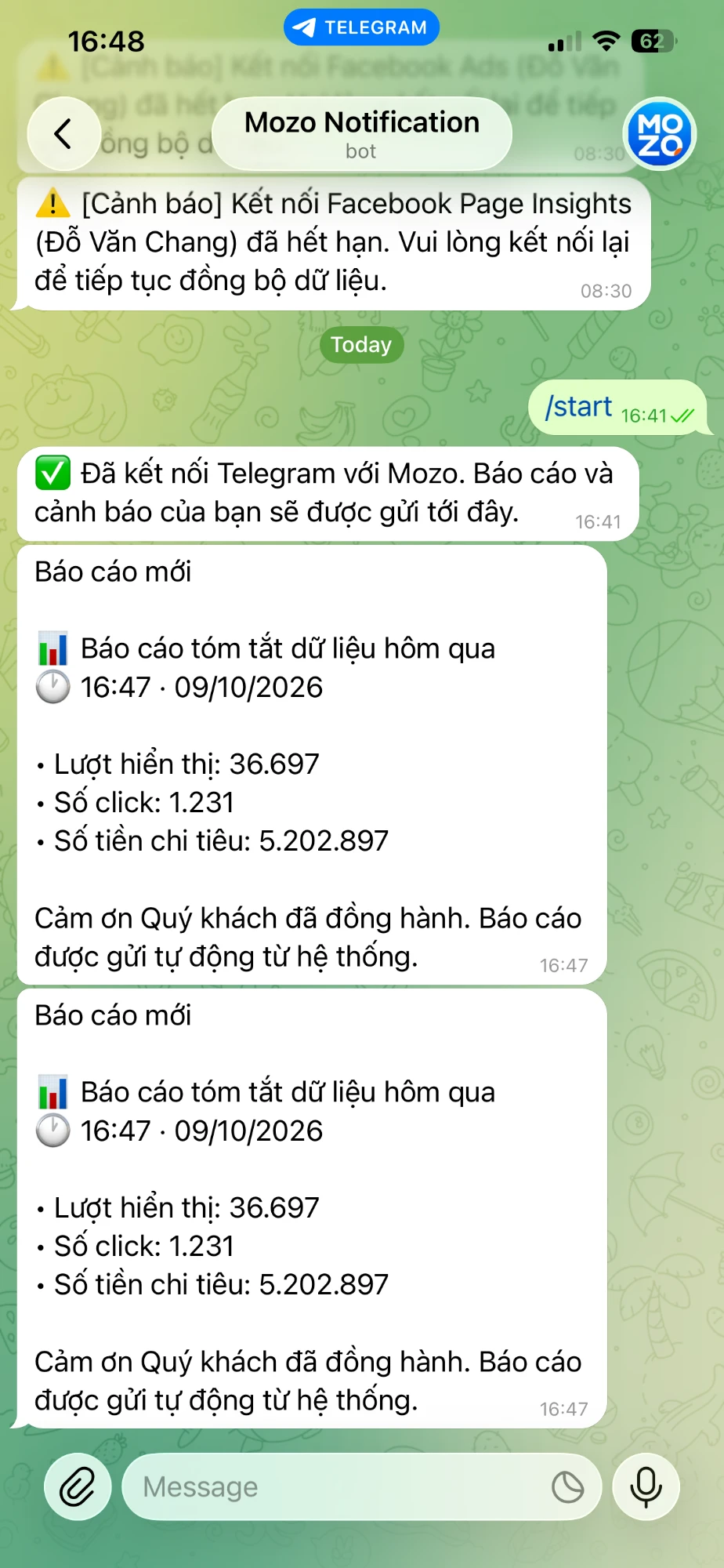 Thông báo Mozo trên Telegram