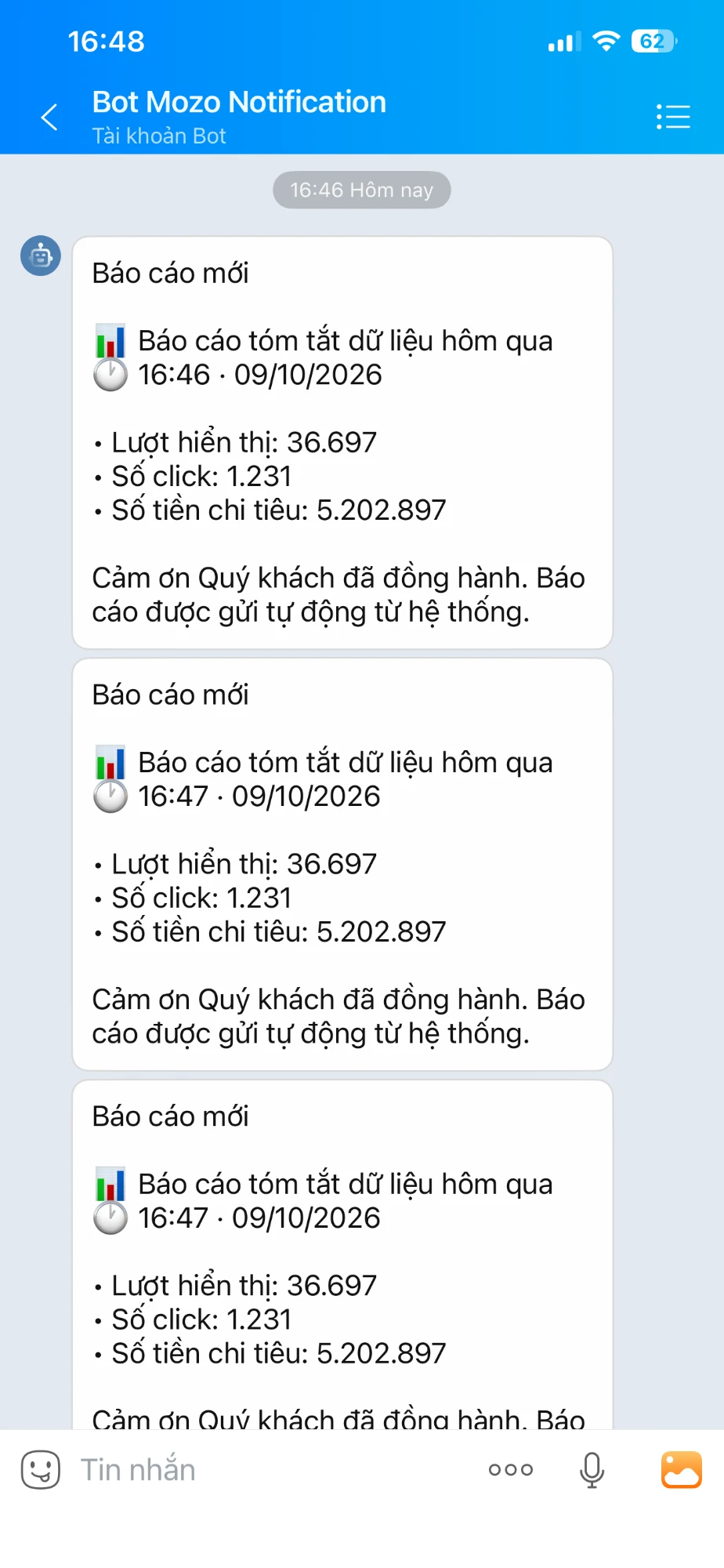 Thông báo Mozo trên Zalo